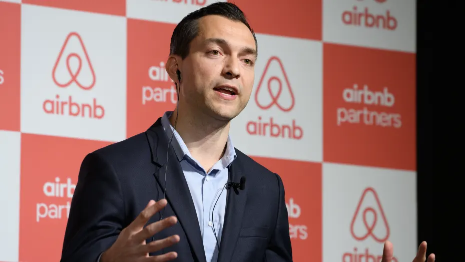 Nathan Blecharczyk, co-founder and chief strategy officer of Airbnb Inc., speaks during a news conference in Tokyo, Japan, on Thursday, June 6, 2019.