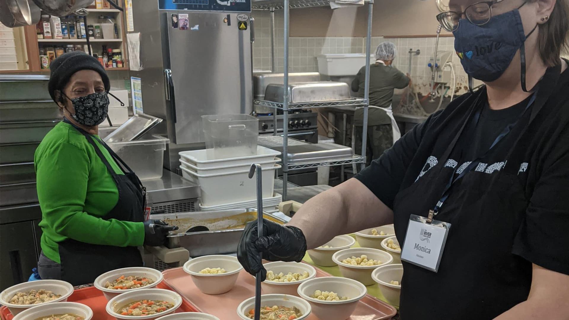 Monica Wahlberg (right) works in the kitchen of Madison, Wisconsin-based The River Food Pantry.