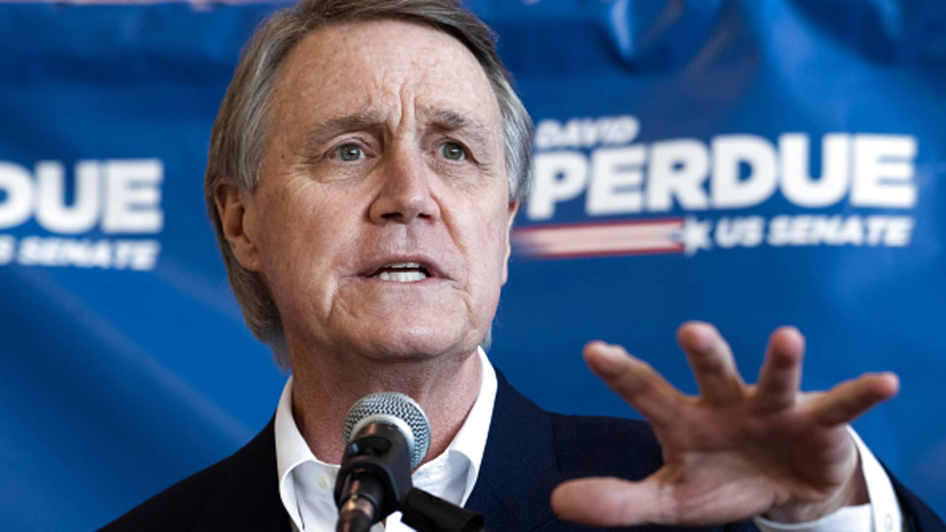 Sen. David Perdue, R-Ga., who is running for reelection, speaks during a campaign event at Peachtree Dekalb Airport in Atlanta, Ga., on Monday, November 2, 2020.