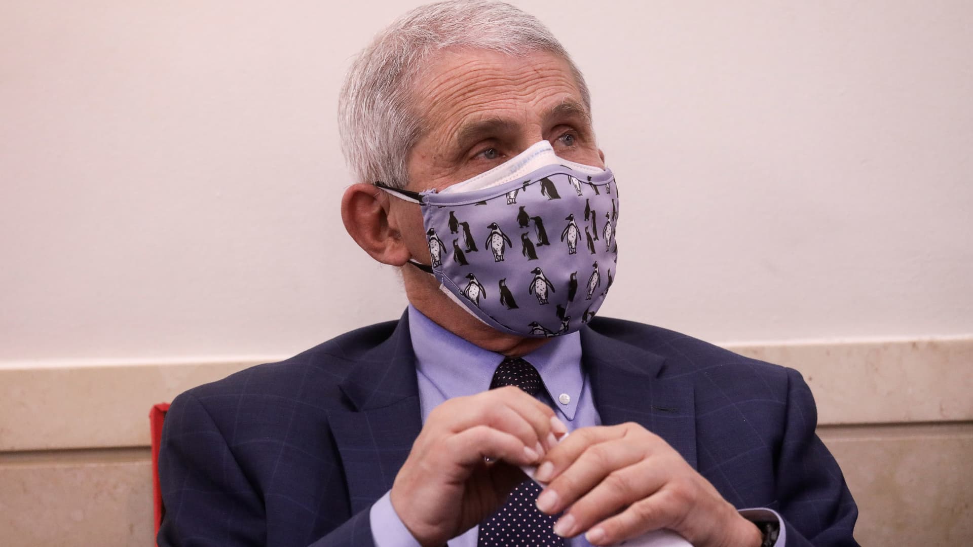 Dr. Anthony Fauci, director of the National Institute of Allergy and Infectious Diseases, attends a briefing by the White House coronavirus task force in the Brady press briefing room at the White House in Washington, U.S., November 19, 2020.