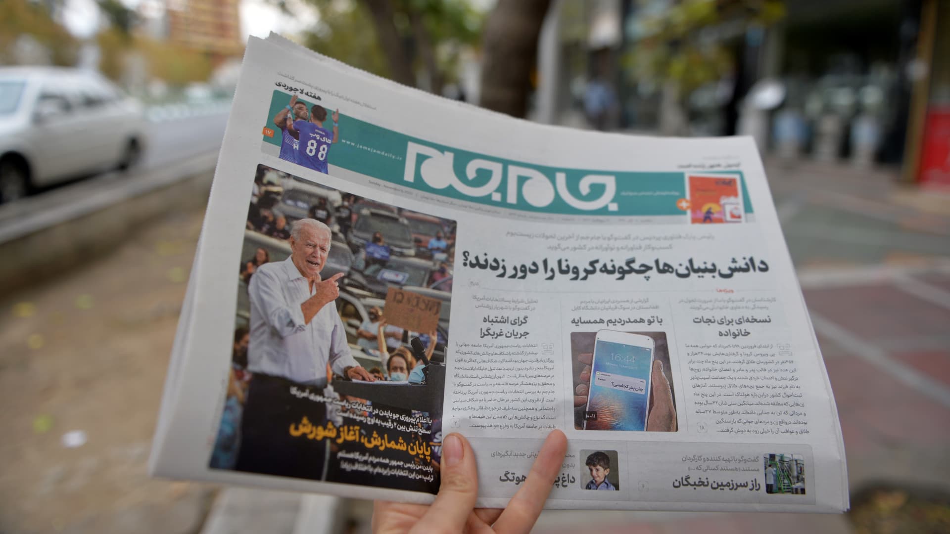 A view from Tehran's street as a citizen reading the news regarding the U.S. elections in newspapers, on November 09, 2020 in Tehran, Iran.