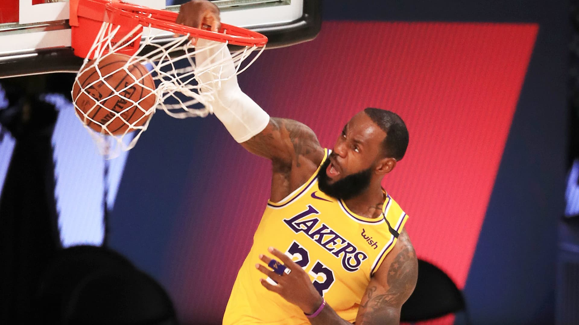 LeBron James of the Los Angeles Lakers at a game against the LA Clippers at ESPN Wide World Of Sports Complex on July 30, 2020 in Lake Buena Vista, Florida.
