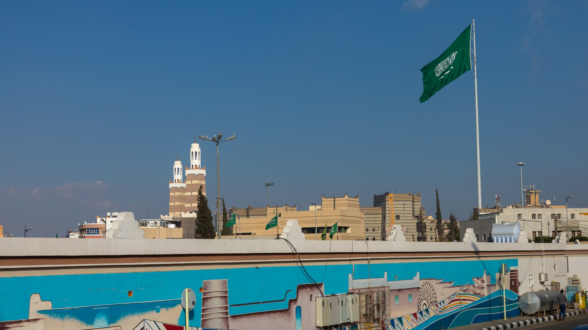 Saudi arabian flag in Asir province, Abha, Saudi Arabia.