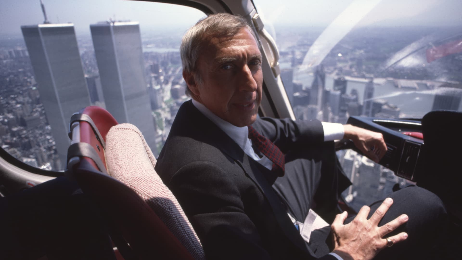 Ivan Boesky flying in a helicopter above Manhatta.