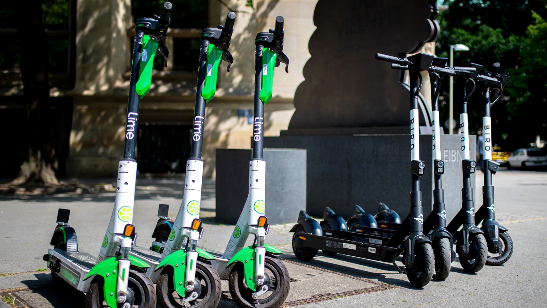 E-scooters from the electric scooter-sharing providers Lime and Bird in Hannover, Germany.