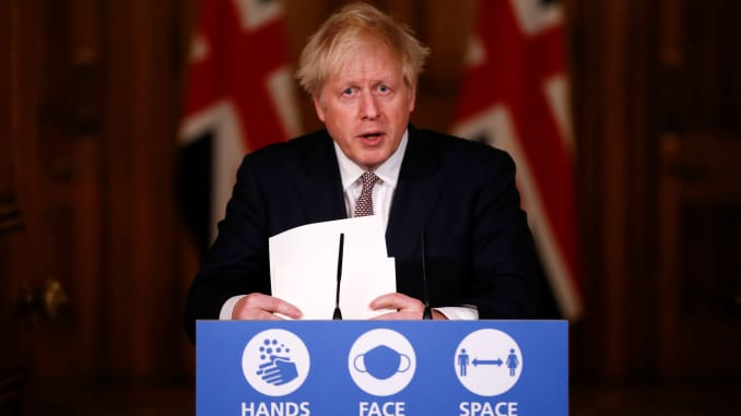 Britain's Prime Minister Boris Johnson attends a virtual press conference inside 10 Downing Street in central London on Nov. 26, 2020.