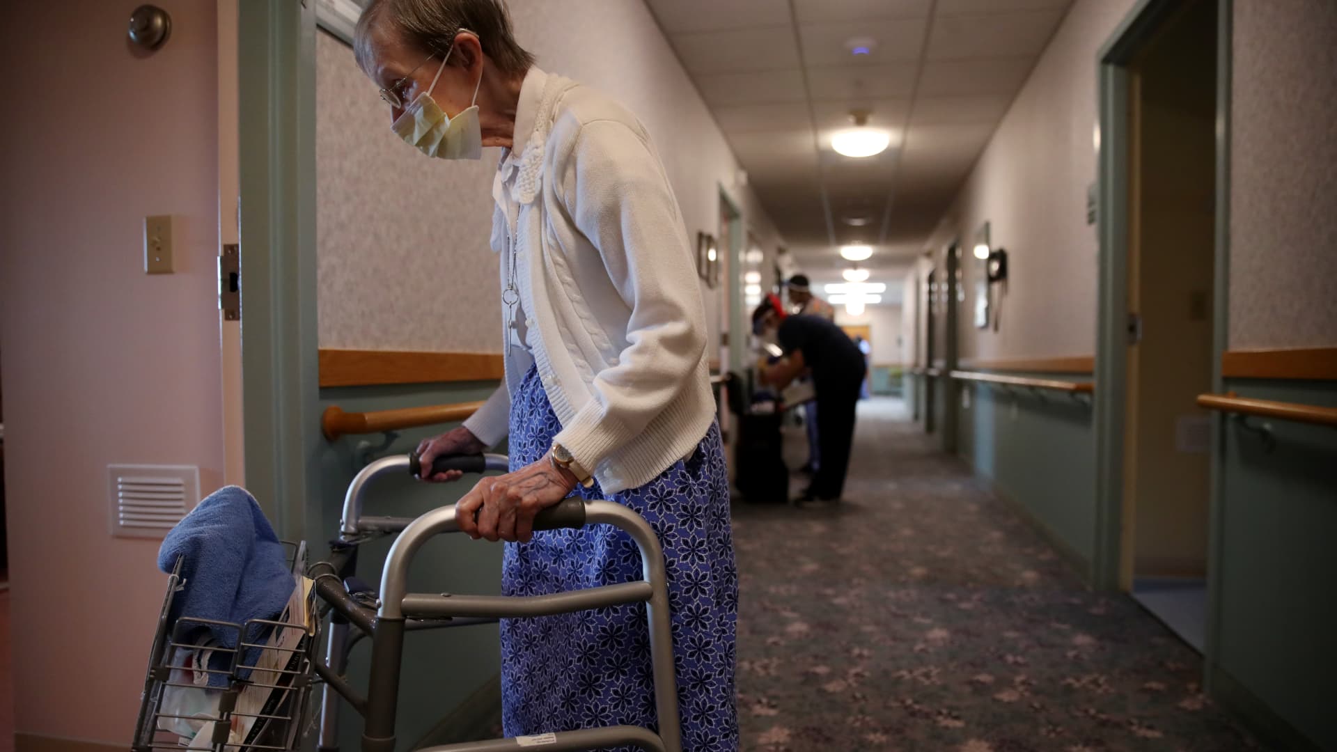 Sr. Jeanne Arsenault returns to her room after breakfast at St. Chretienne Retirement Residence, a home for Catholic nuns in Marlborough, MA on August 26, 2020. Arsenault fell ill to COVID-19 during the outbreak.