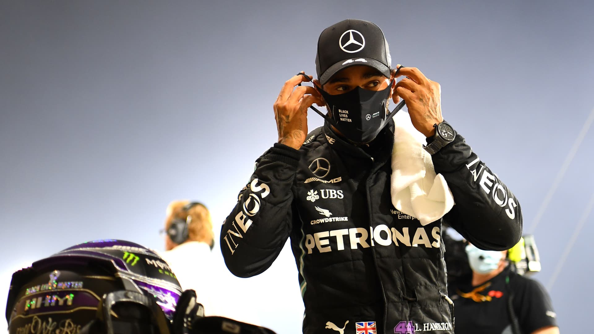 Race winner Lewis Hamilton of Great Britain and Mercedes GP looks on in parc ferme during the F1 Grand Prix of Bahrain at Bahrain International Circuit on November 29, 2020 in Bahrain, Bahrain.