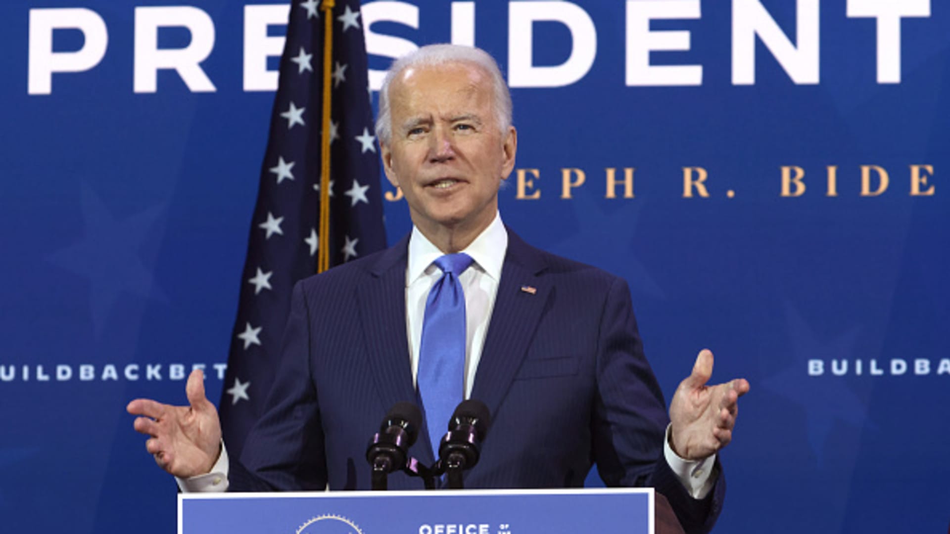 U.S. President-elect Joe Biden speaks during an event to name his economic team at the Queen Theater December 1, 2020 in Wilmington, Delaware.