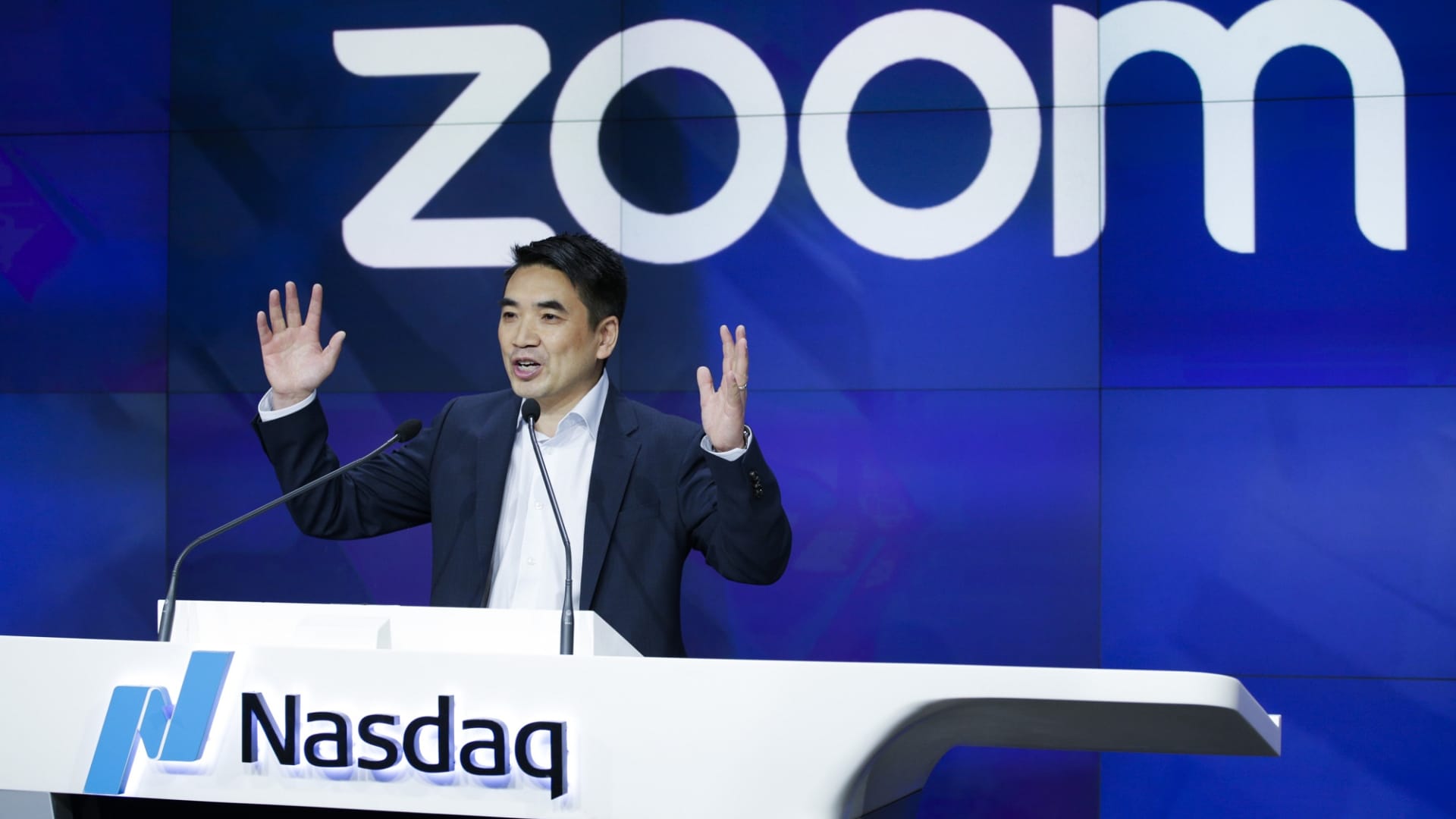 Zoom founder Eric Yuan speaks before the Nasdaq opening bell ceremony on April 18, 2019 in New York City.