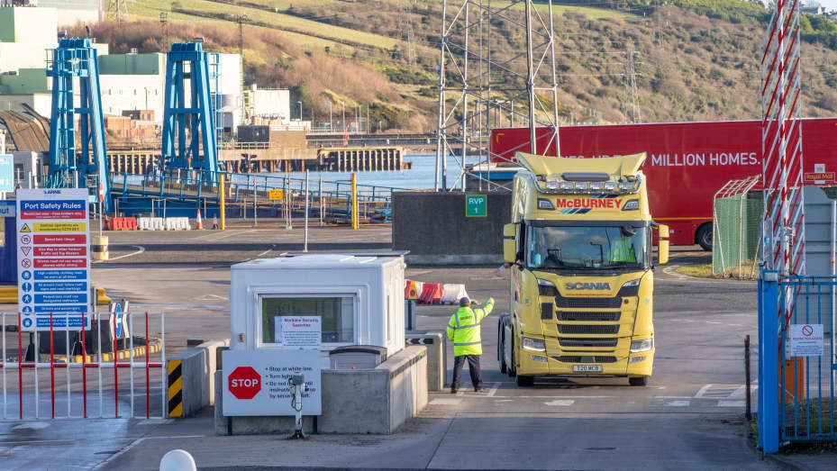 A lorry passes through security at the Port of Larne in Co Antrim, Northern Ireland on December 6, 2020.