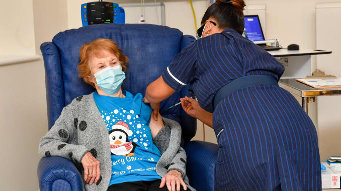 Margaret Keenan, 90, is the first patient in the United Kingdom to receive the Pfizer/BioNtech covid-19 vaccine at University Hospital, Coventry.