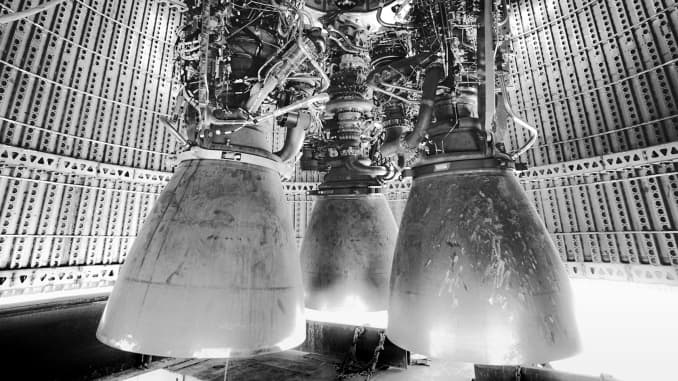 Three of SpaceX's Raptor engines at the base of its Starship rocket.