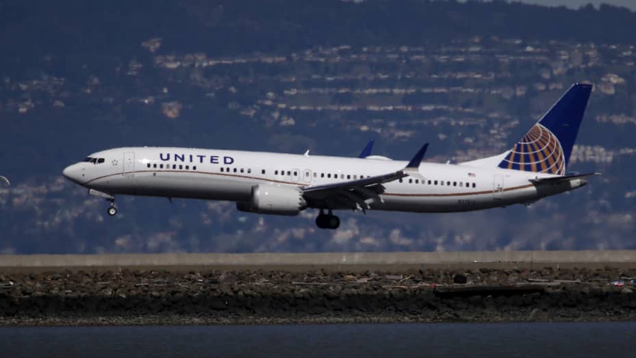 A United Airlines Boeing 737 Max 9 aircraft lands at San Francisco International Airport on March 13, 2019 in Burlingame, California.