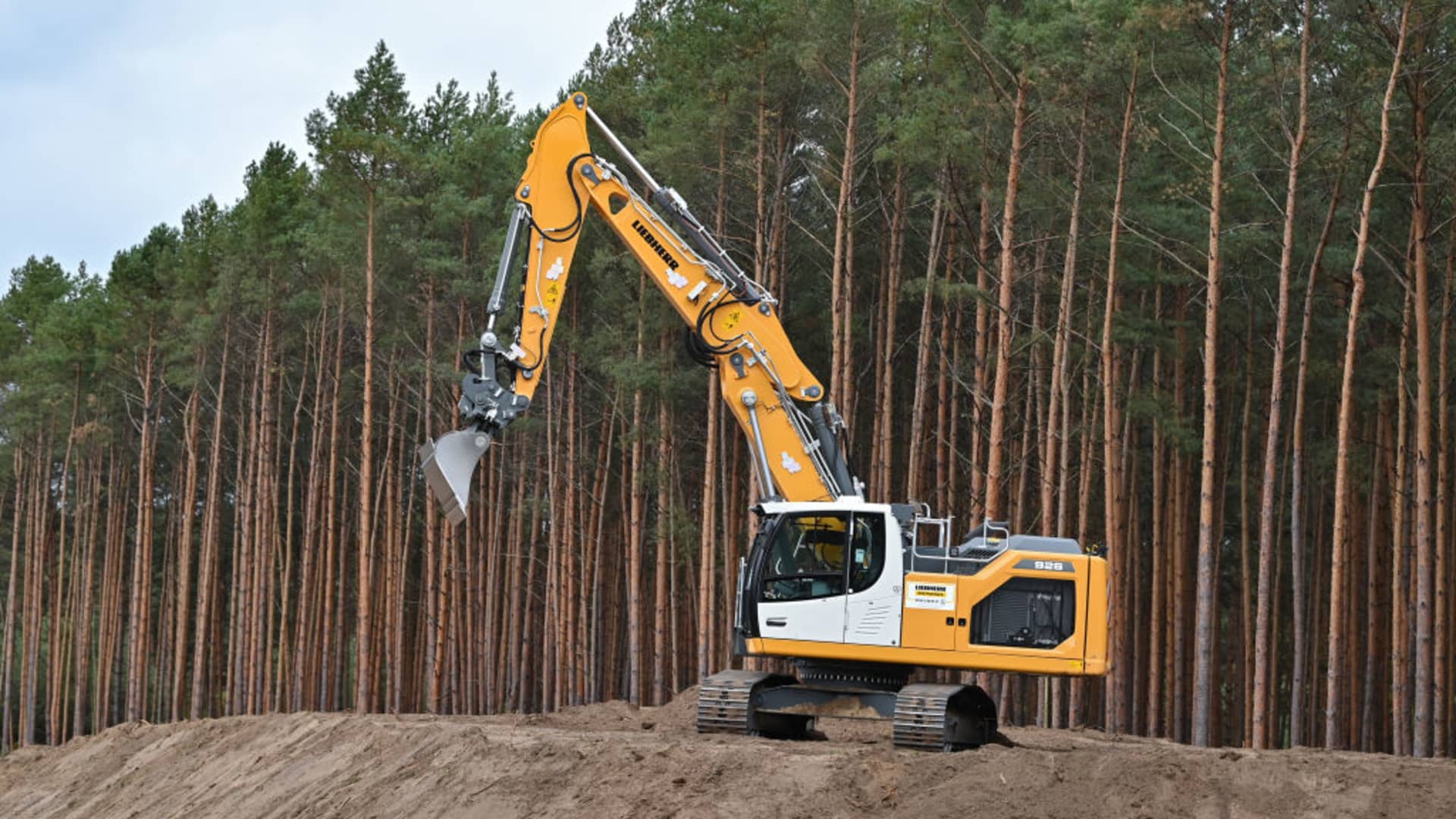 An excavator is standing on a mound of earth in front of a pine forest on an area for a new transformer station. In the near future, the utility company E.DIS AG will build a transformer station on this area for the Tesla Gigafactory and the associated further settlements in the vicinity of the car factory.