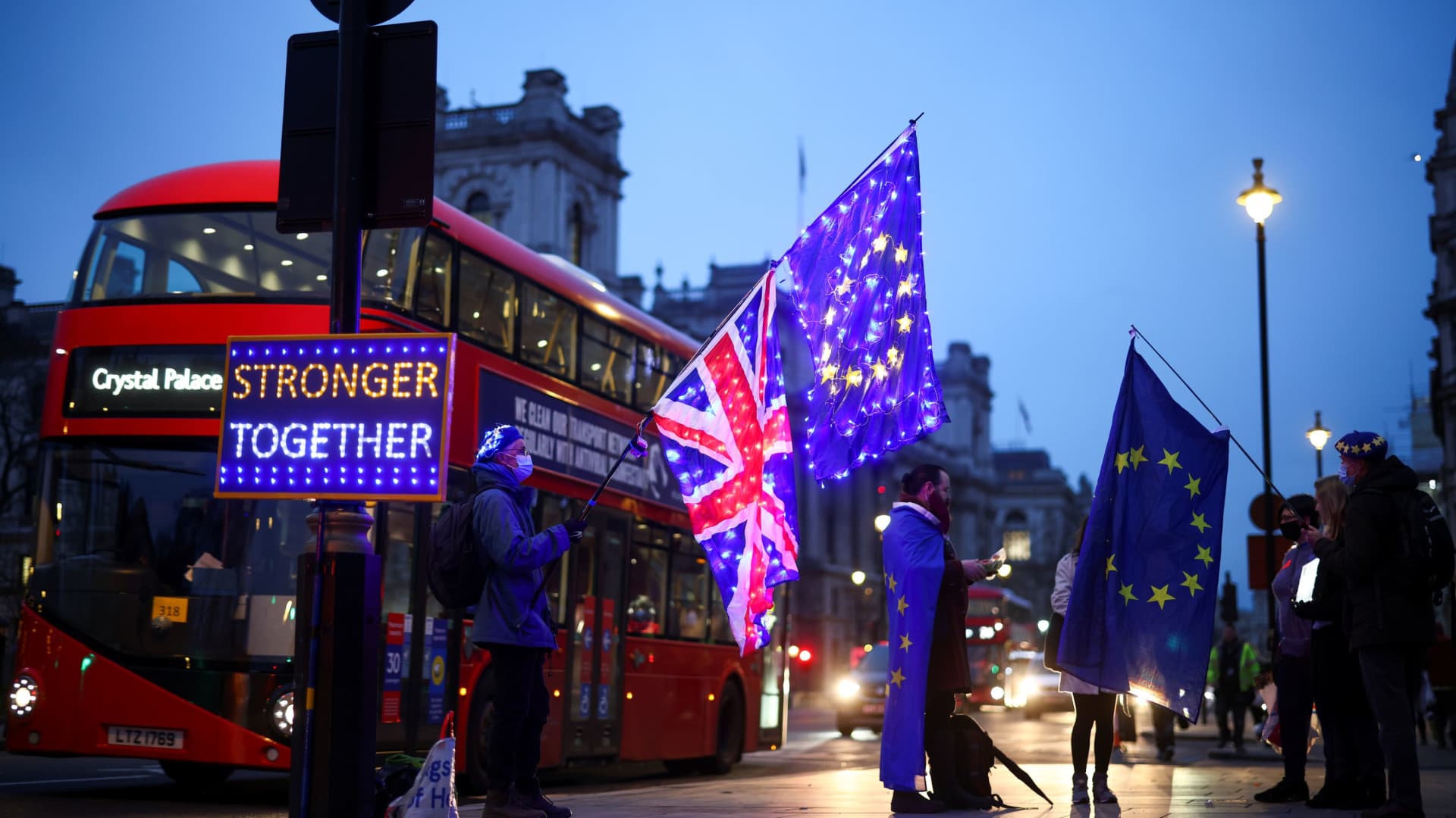Anti-Brexit protesters demonstrate outside the Houses of Parliament in London, Britain December 9, 2020.