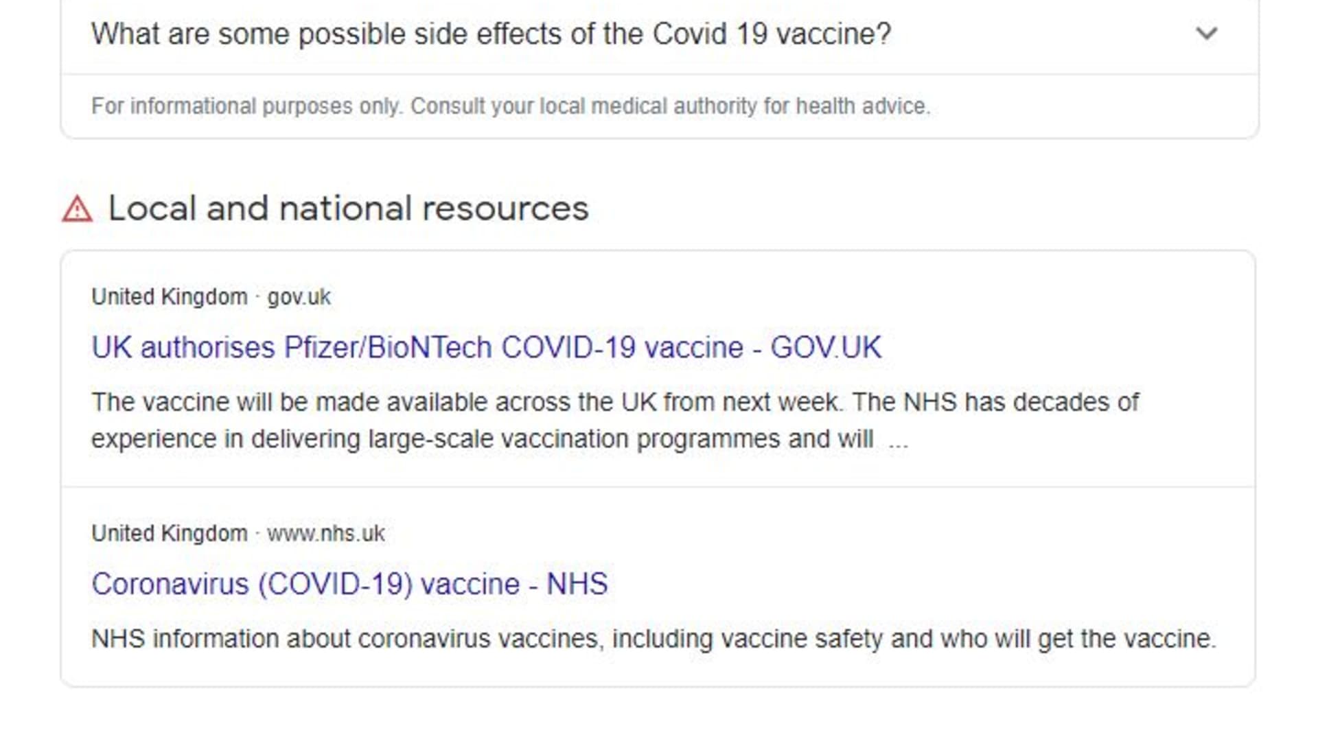 A screenshot showing Google's new knowledge panels on search results about coronavirus vaccines.