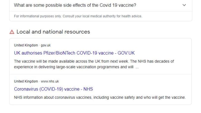 A screenshot showing Google's new knowledge panels on search results about coronavirus vaccines.