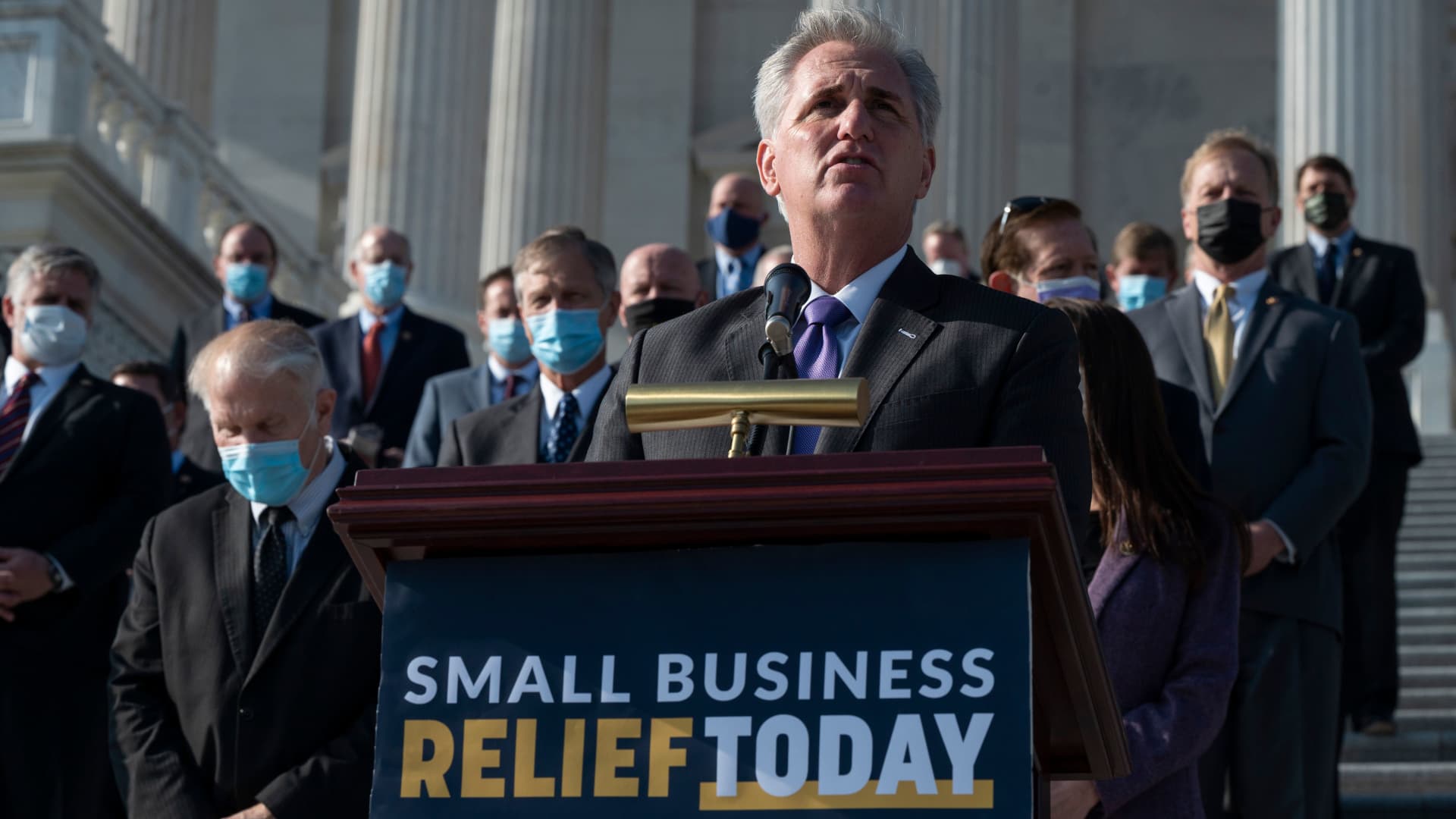 House Minority Leader Kevin McCarthy, Republican of California, speaks during a press conference on small business relief during the Covid-19 pandemic, on the steps of the US Capitol in Washington, DC on December 10, 2020.