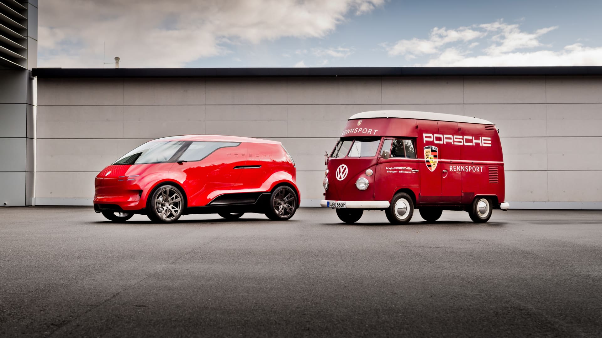 Porsche's electric van concept featured next to a Volkswagen bus.