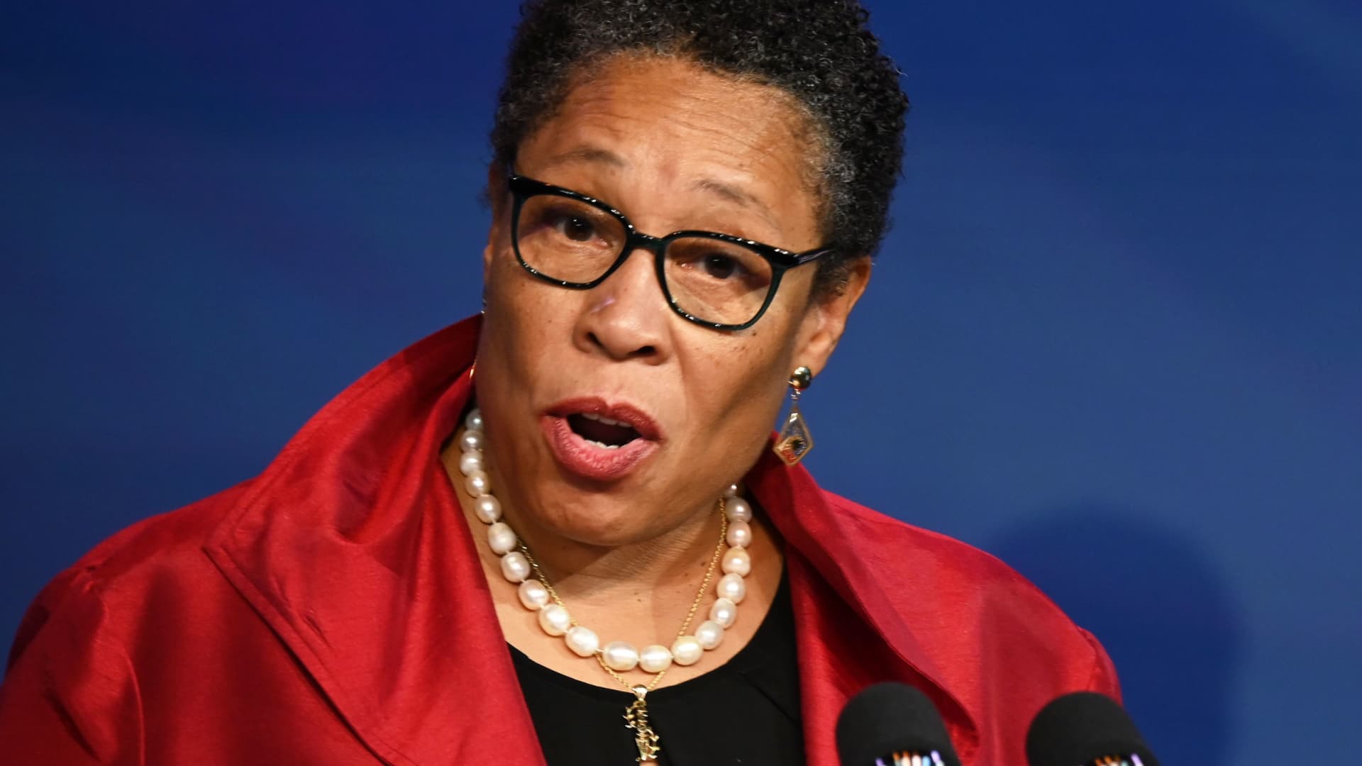 US Representative Marcia Fudge speaks on December 11, 2020, after being nominated to be Housing and Urban Development Secretary by US President-elect Joe Biden (R), in Wilmington, Delaware.