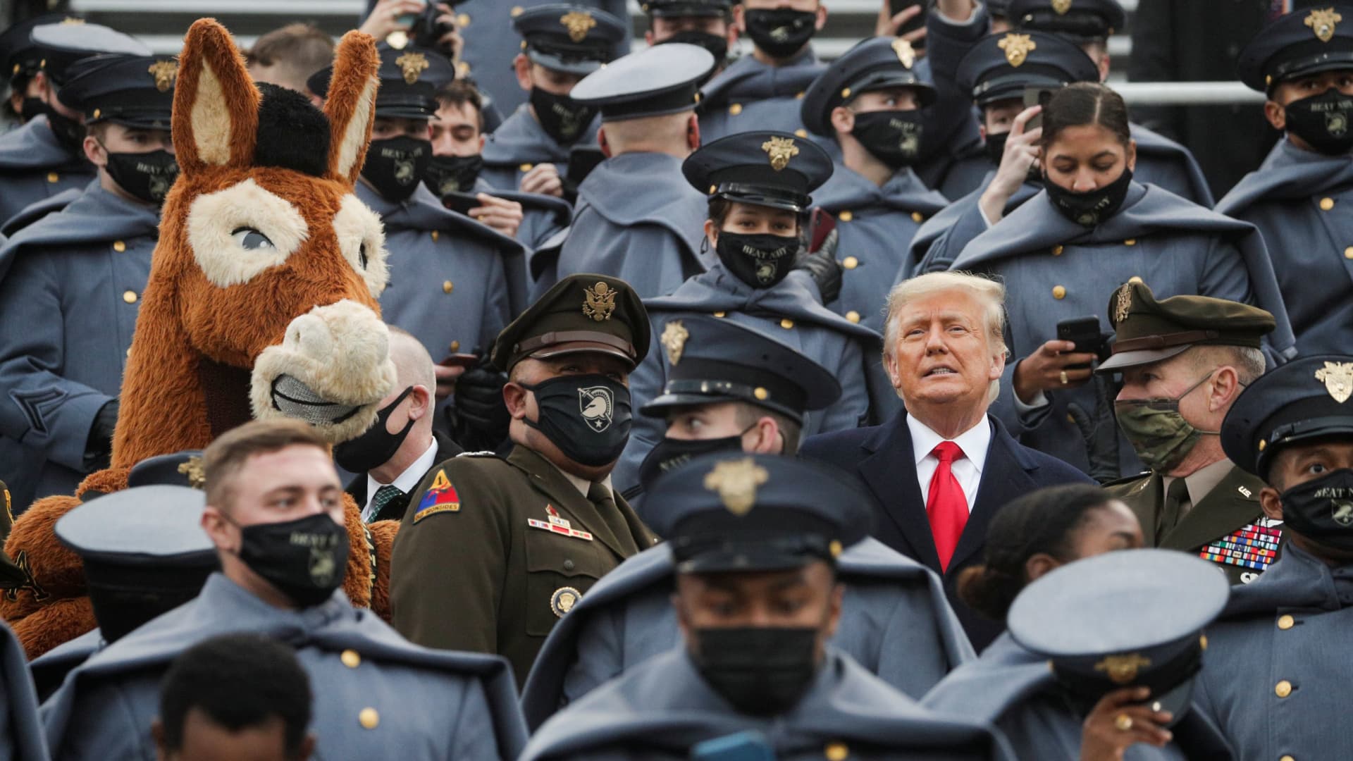 U.S. President Trump stands among U.S. Army cadets as he attends the annual Army-Navy collegiate football game at Michie Stadium, in West Point, New York, U.S., December 12, 2020.