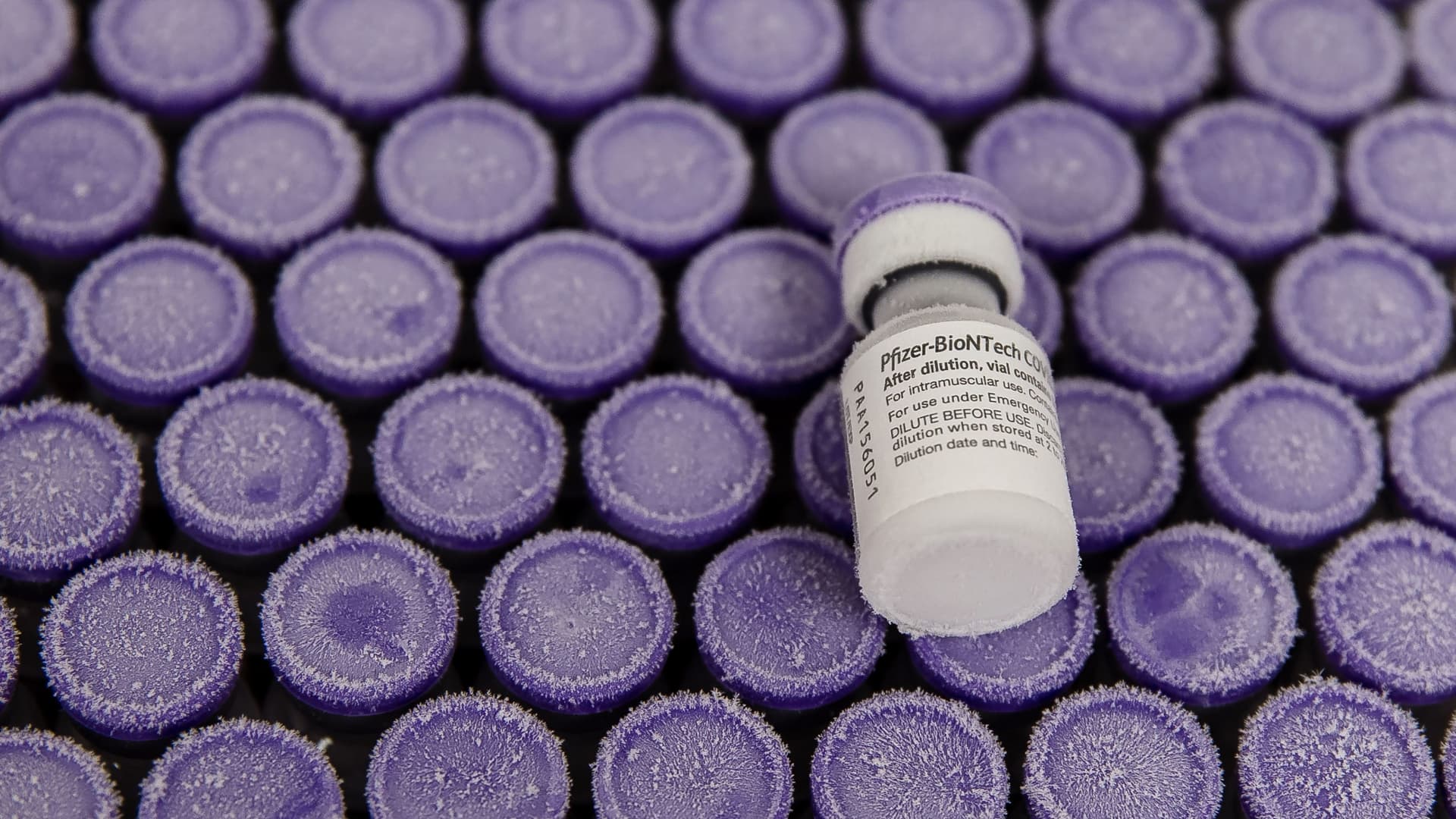 Pfizer's Covid-19 vaccine is pictured at Rady Children's Hospital before it's placed back in the refrigerator in San Diego, California on December 15, 2020.