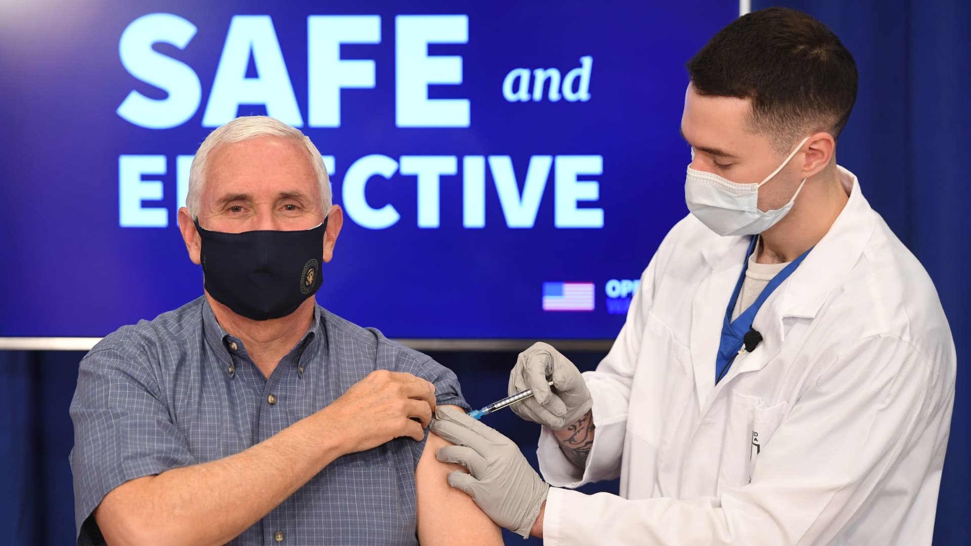 US Vice President Mike Pence receives the COVID-19 vaccine in the Eisenhower Executive Office Building in Washington, DC, December 18, 2020.
