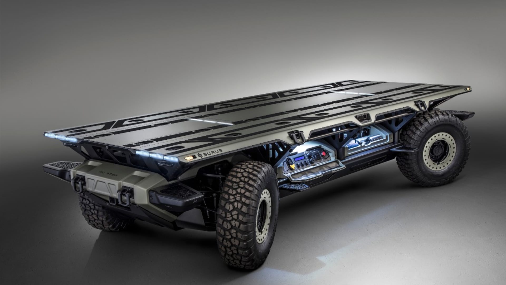 The Silent Utility Rover Universal Superstructure (SURUS) platform is a flexible fuel cell platform with autonomous capabilities, according to GM. It was designed as a foundation for a family of commercial vehicle solutions.
