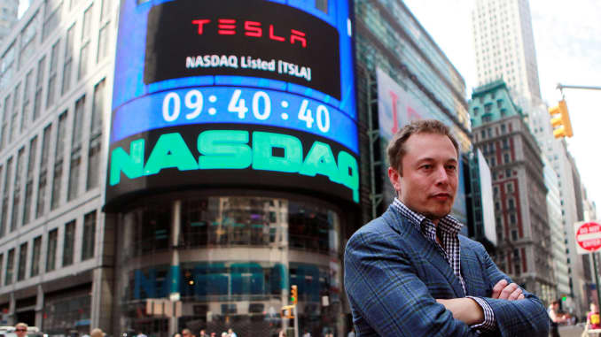 CEO of Tesla Motors Elon Musk poses during a television interview after his company's initial public offering at the NASDAQ market in New York, June 29, 2010.