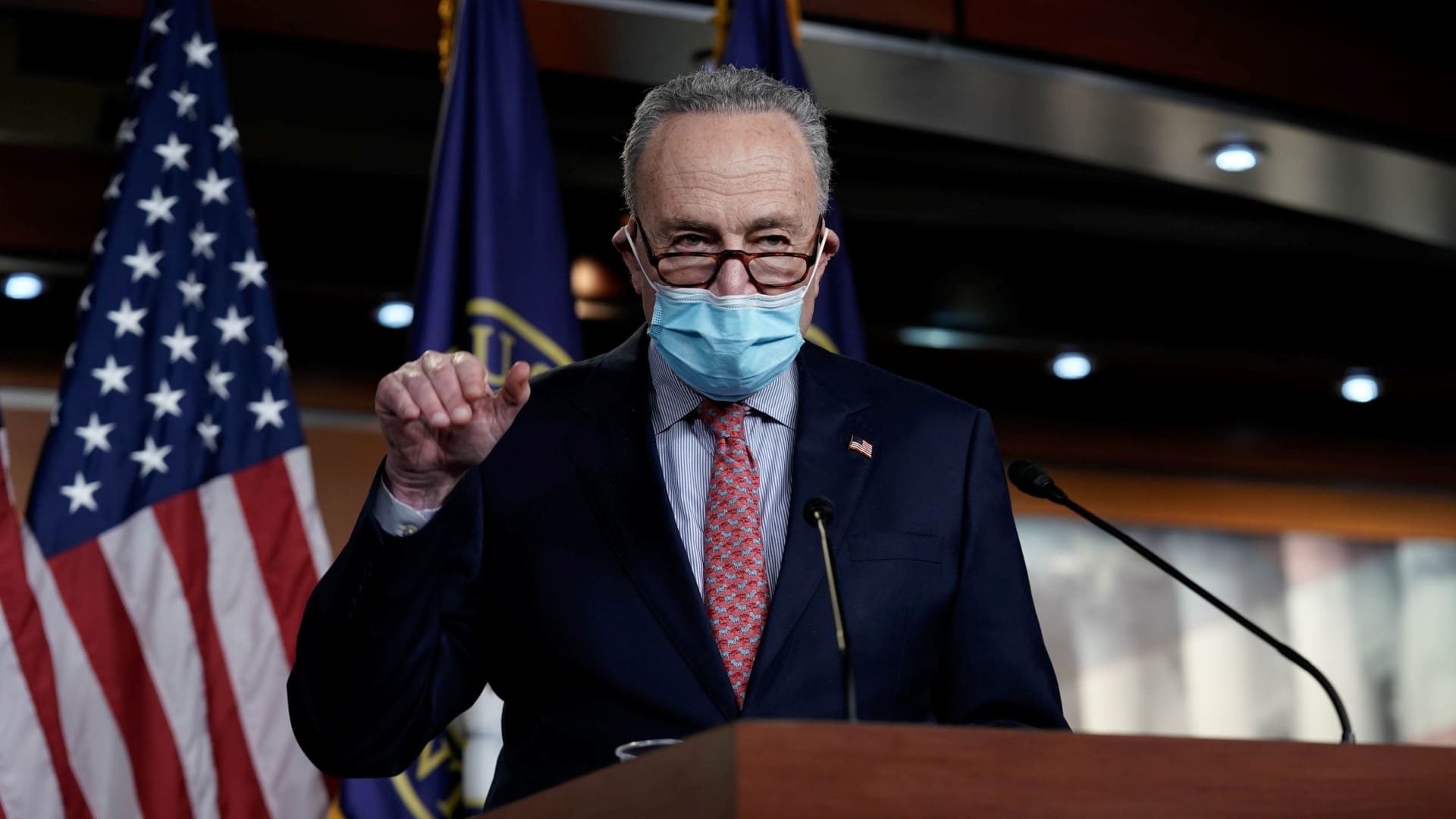 Senate Minority Leader Charles Schumer (D-NY) speaks to reporters on an agreement of a coronavirus disease (COVID-19) aid package on Capitol Hill in Washington, D.C., U.S. December 20, 2020.