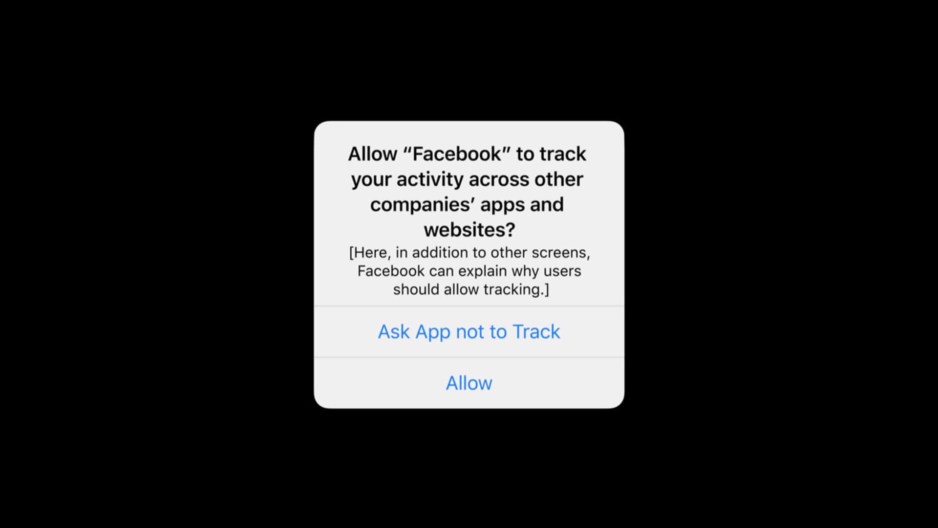 A mockup of the popup window iPhone users will see before using an app that tracks their data. This image was provided by Apple.