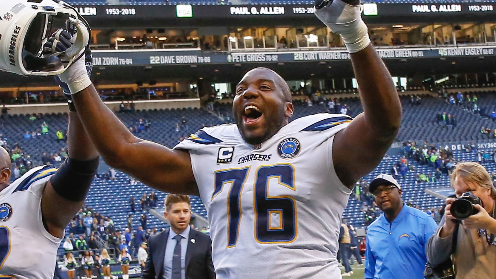 Russell Okung #76 of the Los Angeles Chargers heads off the field following the game against the Seattle Seahawks at CenturyLink Field on November 4, 2018 in Seattle, Washington.