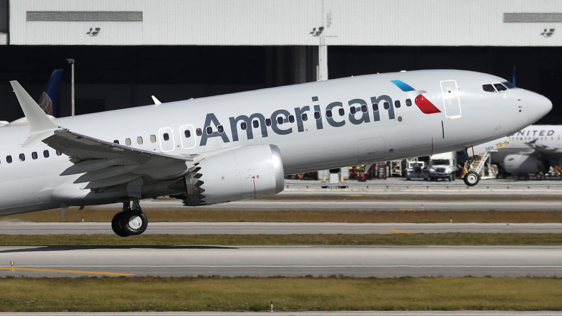 American Airlines flight 718, a Boeing 737 Max, takes of from Miami International Airport on its way to New York on December 29, 2020 in Miami, Florida.