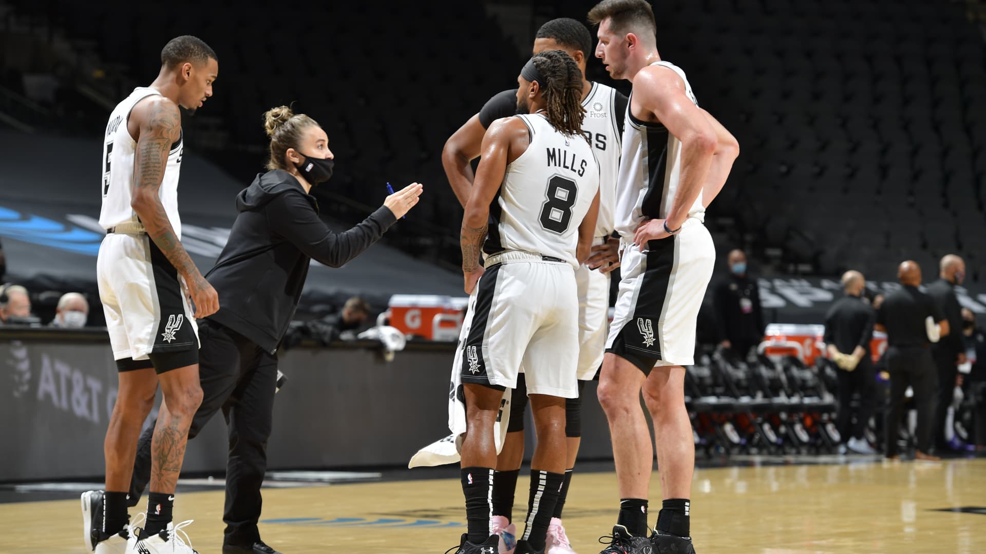 Assistant coach Becky Hammon of the San Antonio Spurs talks to her team during the game against the Los Angeles Lakers on December 30, 2020 at the AT&T Center in San Antonio, Texas.