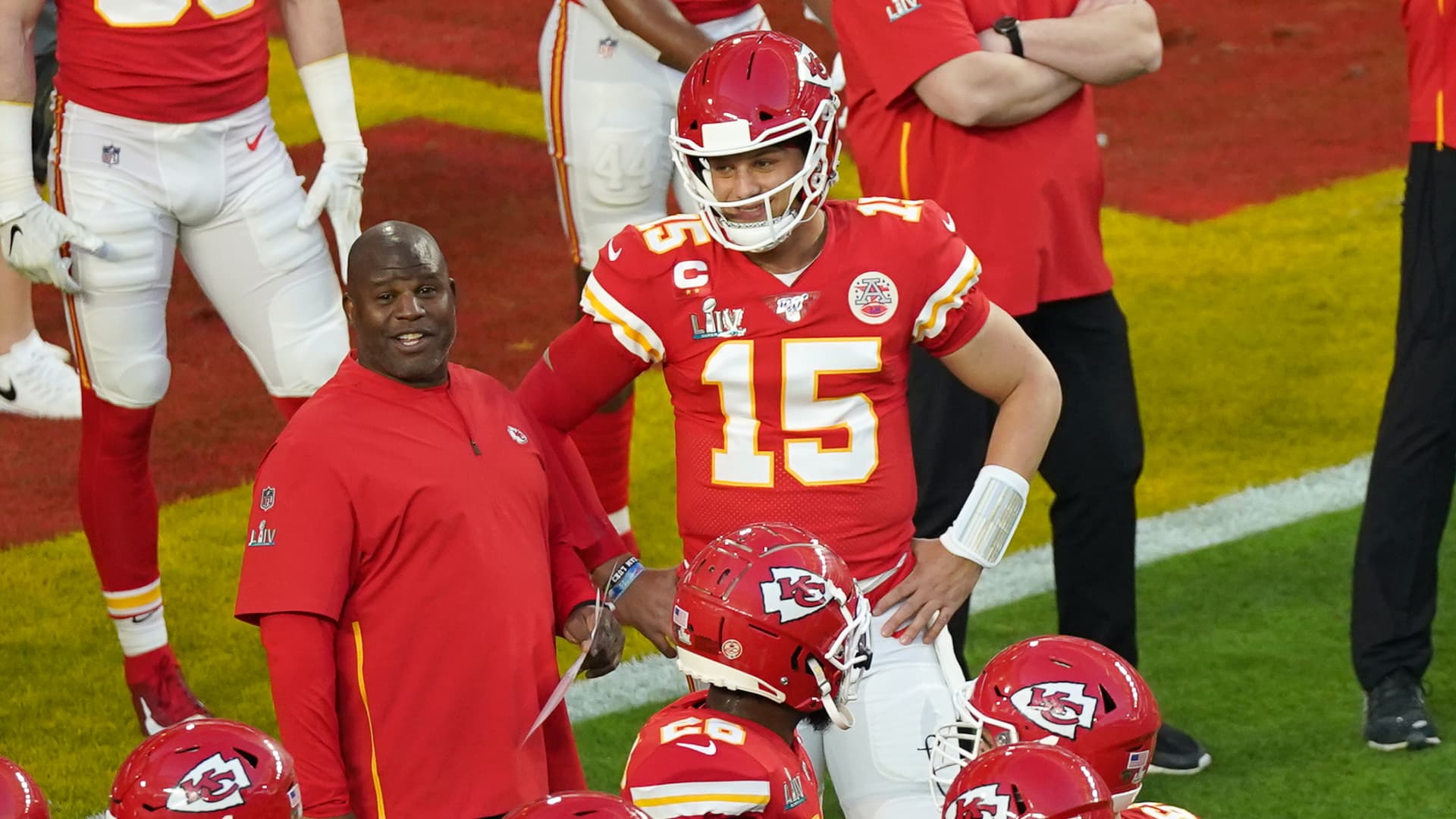 Kansas City Chiefs quarterback Patrick Mahomes (15) talks with Kansas City Chiefs offensive coordinator Eric Bieniemy in game action during the Super Bowl LIV game between the Kansas City Chiefs and the San Francisco 49ers on February 2, 2020 at Hard Rock Stadium, in Miami Gardens, FL.