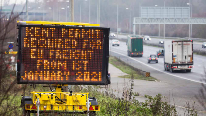 A sign for truck drivers and hauliers on the M2 motorway near Gravesend, U.K., on Thursday, Dec. 31, 2020.