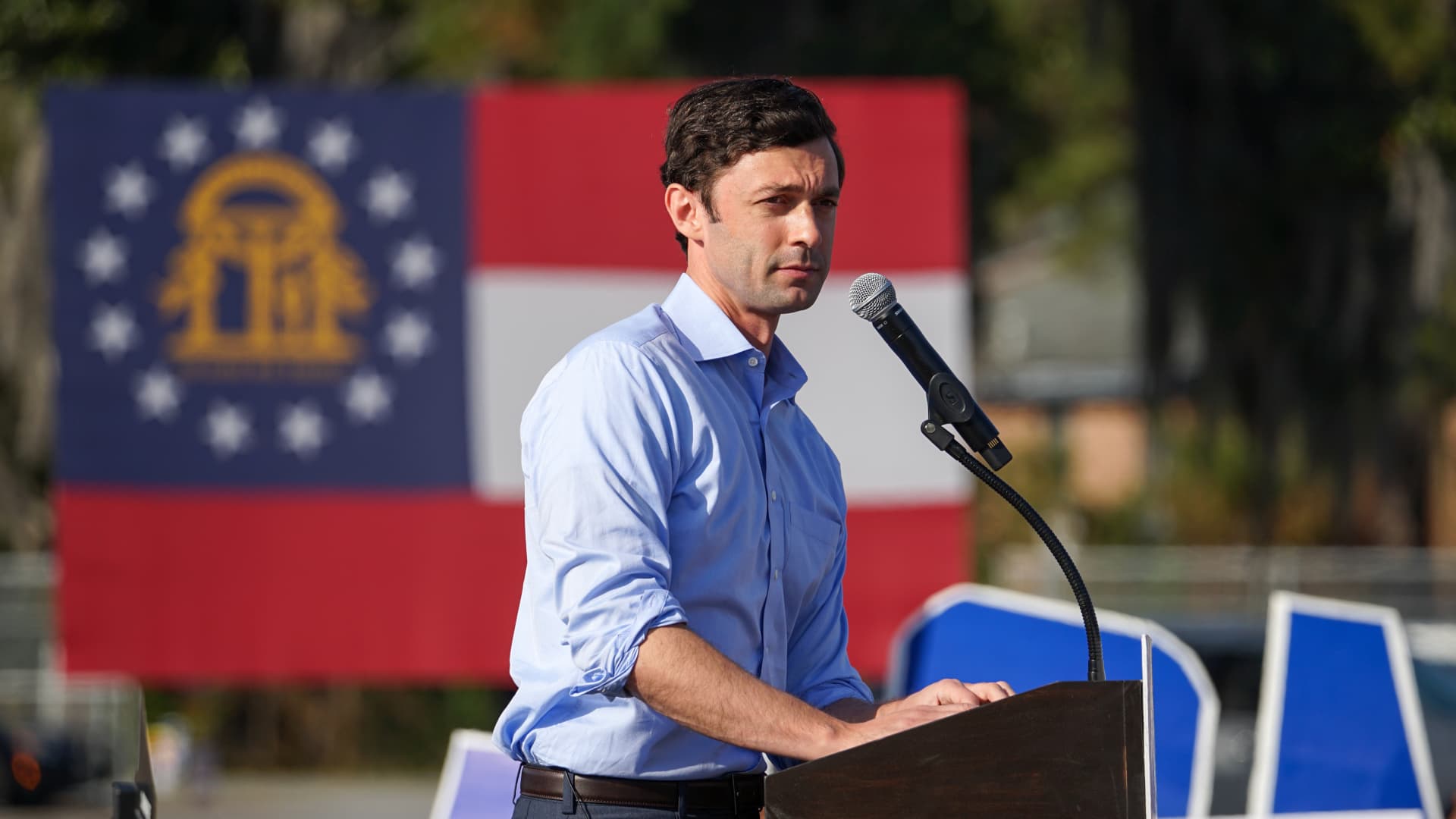 Democratic U.S. Senate candidate Jon Ossoff speaks to a group of supporters at a Its Time to Vote Rally on December 19, 2020 in Savannah, Georgia.