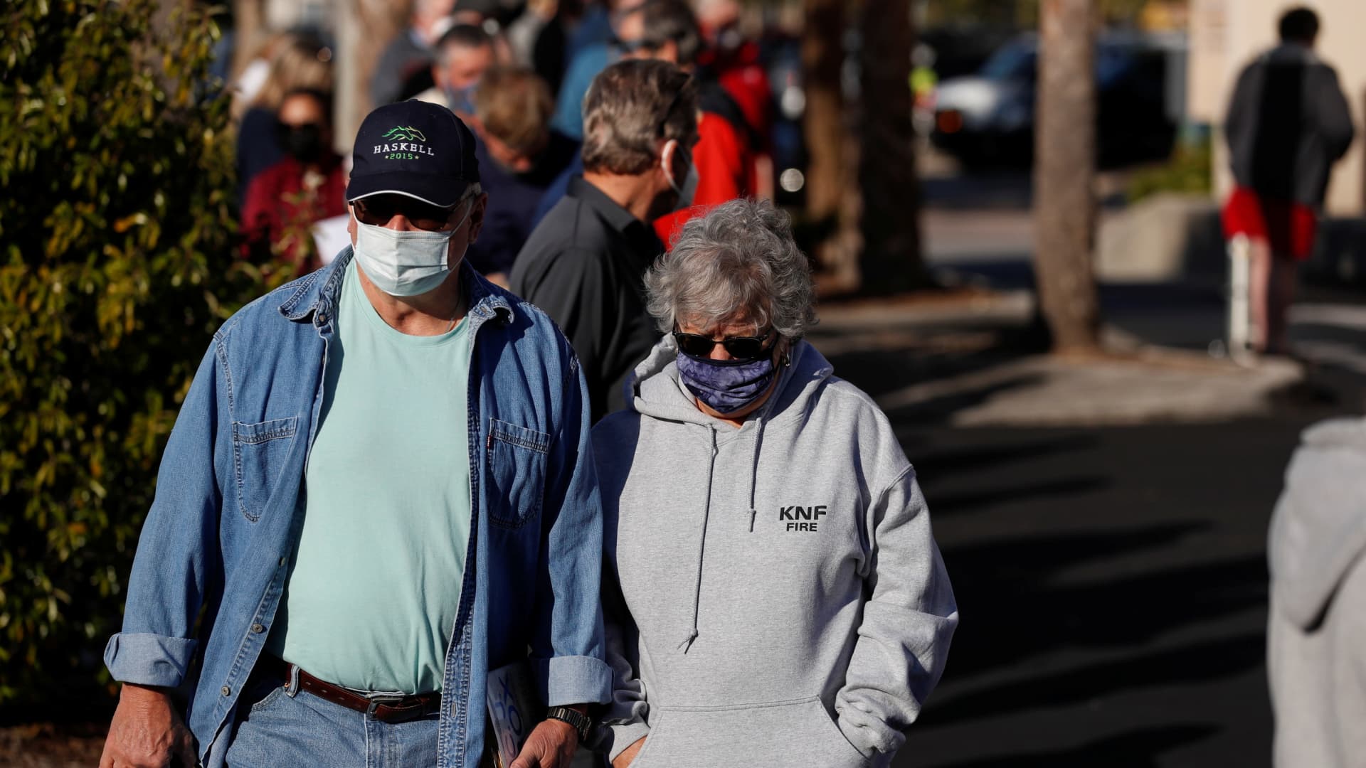 Seniors, who are 65 and over, wait in line at the Department of Health Sarasota COVID-19 vaccination clinic in Sarasota, Florida, U.S. January 4, 2021.
