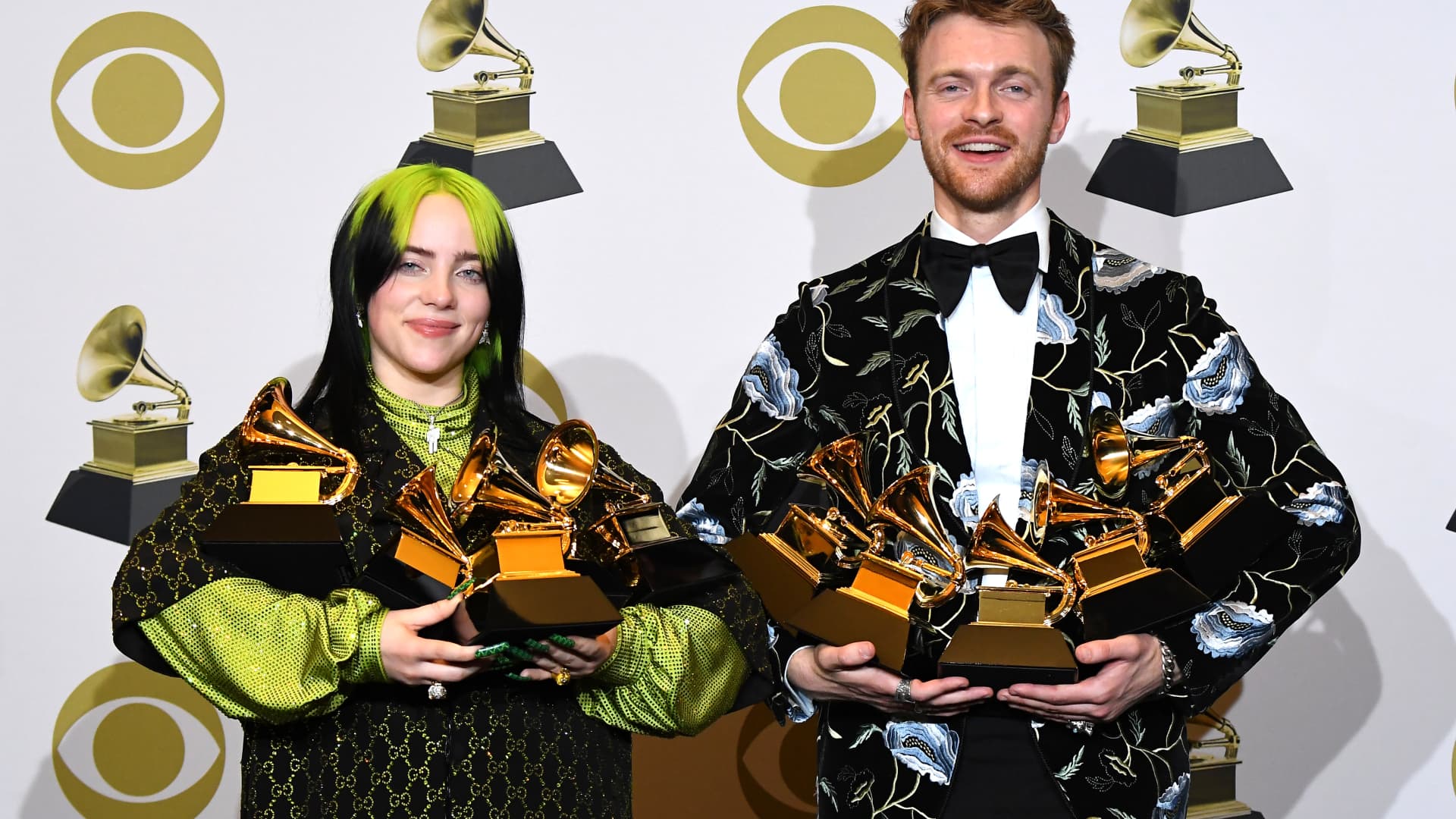 Billie Eilish and Finneas O'Connel poses at the 62nd Annual GRAMMY Awards at Staples Center on January 26, 2020 in Los Angeles, California.