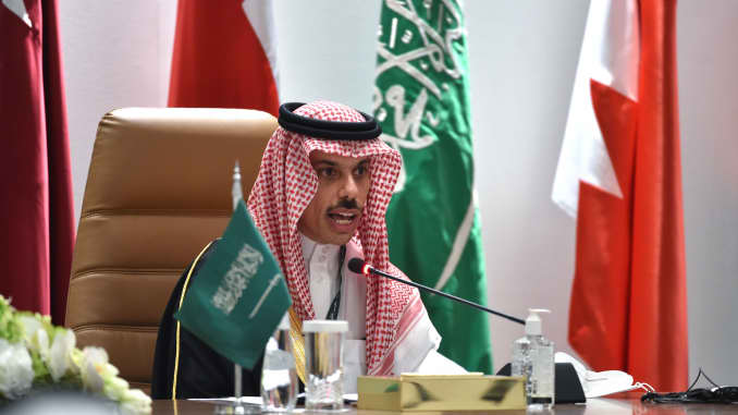 Saudi Foreign Minister Faisal bin Farhan al-Saud holds a press conferece at the end of the 41st Gulf Cooperation Council (GCC) summit, in the city of al-Ula in northwestern Saudi Arabia on January 5, 2021.