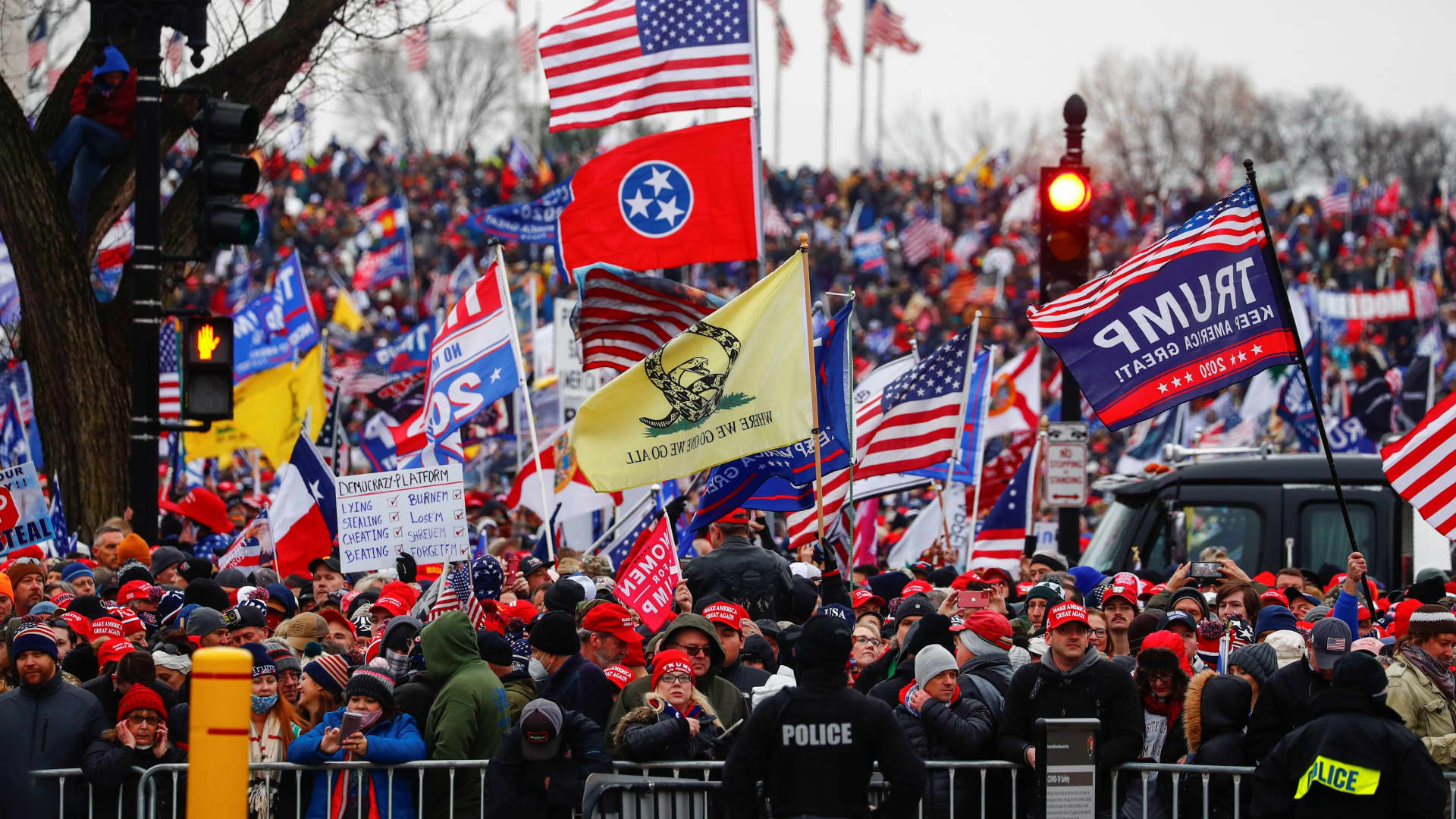Supporters of U.S. President Donald Trump gather in Presidents Park on the Ellipse by the White House for his rally and speech to contest the certification by the U.S. Congress of the results of the 2020 U.S. presidential election in Washington, U.S, January 6, 2021.