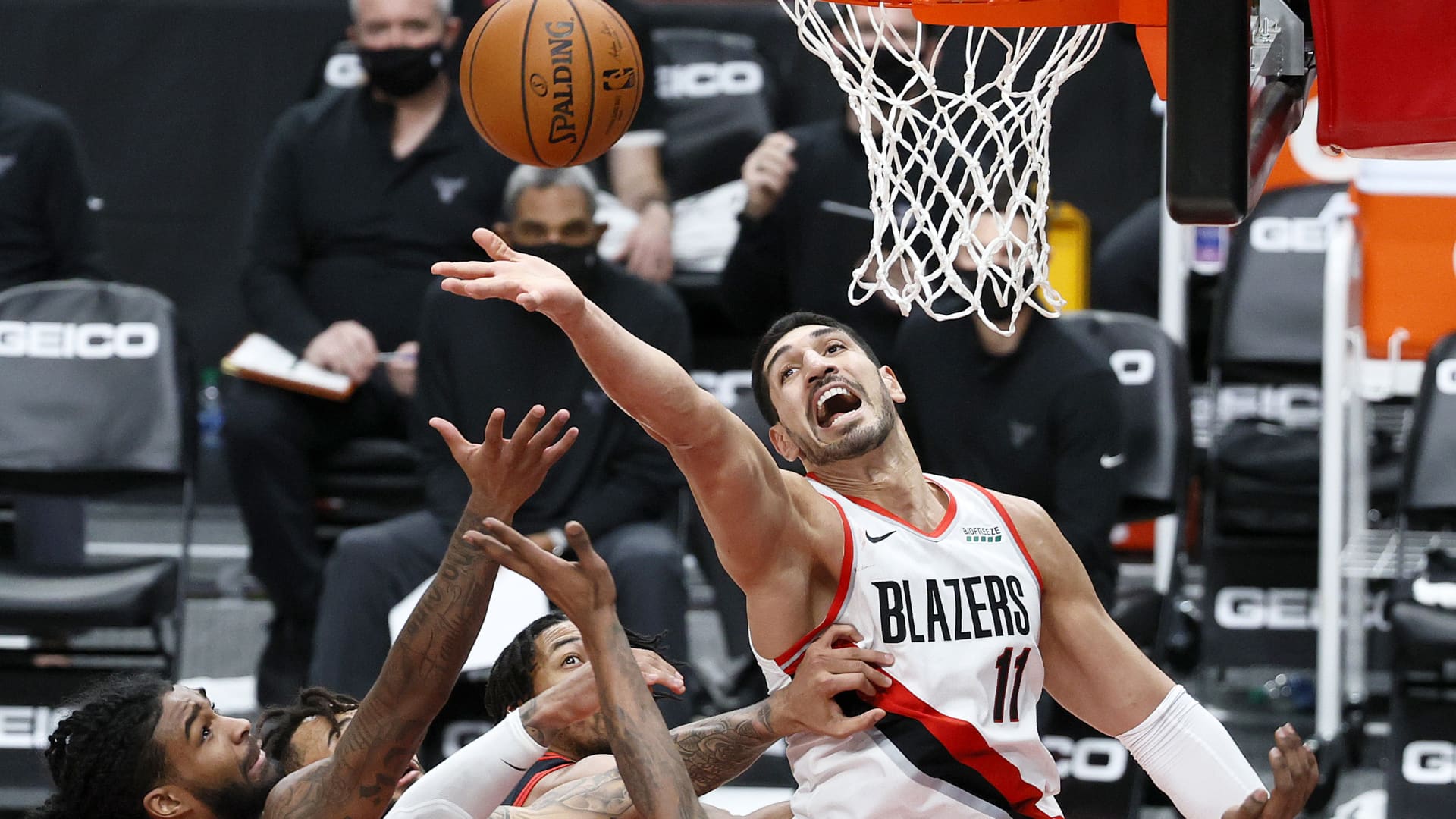 Enes Kanter #11 of the Portland Trail Blazers rebounds against the Chicago Bulls in the second quarter at Moda Center on January 05, 2021 in Portland, Oregon.