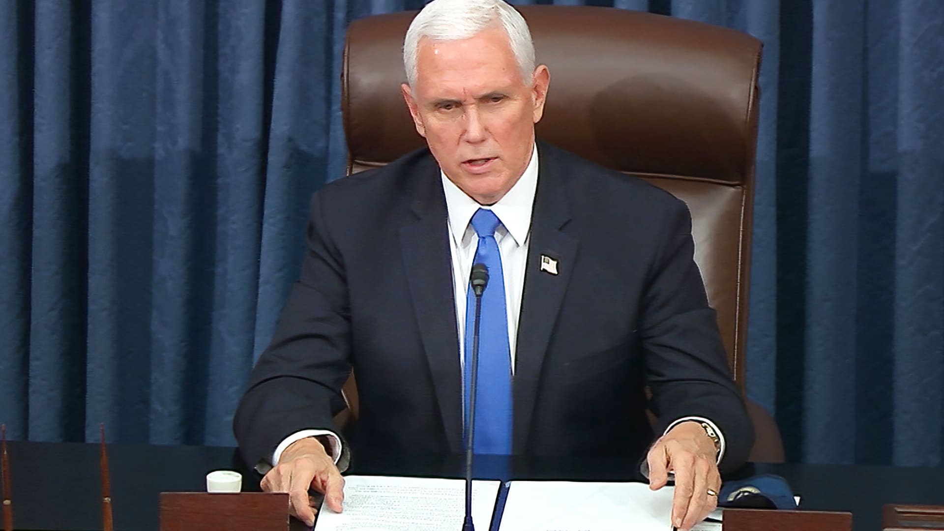 In this image from video, Vice President Mike Pence speaks as the Senate reconvenes after protesters stormed into the U.S. Capitol on Wednesday, Jan. 6, 2021.