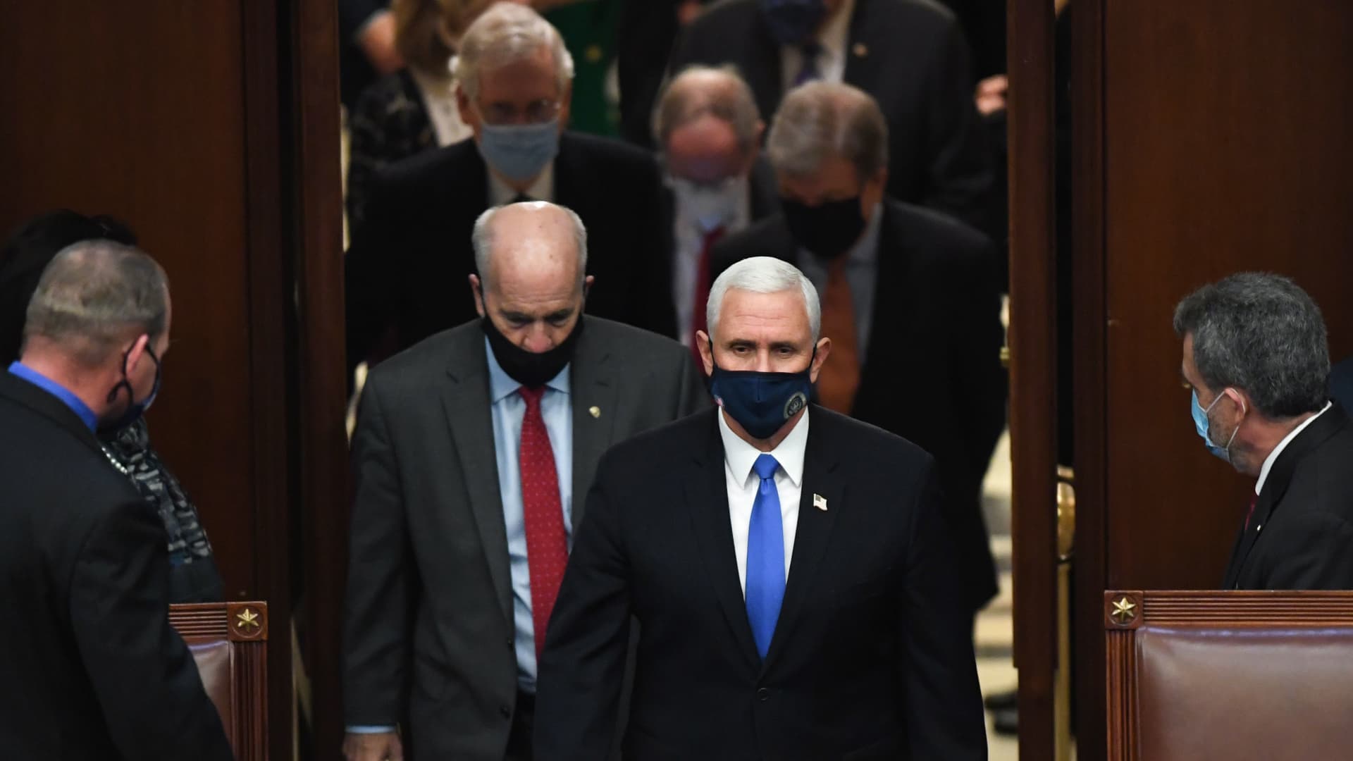 Vice President Mike Pence arrives to preside over a joint session of Congress at the U.S. Capitol in Washington, D.C., January 6, 2021.