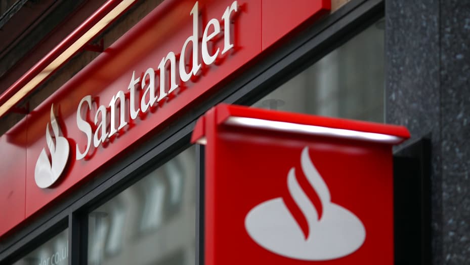 A sign hangs from a branch of Banco Santander in London, U.K., on Wednesday, Feb. 3, 2010.