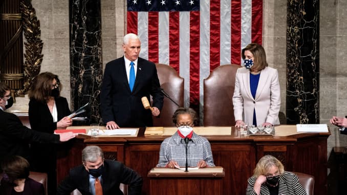 Vice President Mike Pence and House Speaker Nancy Pelosi resume presiding over a Joint session of Congress to certify the 2020 Electoral College results, after supporters of President Donald Trump stormed the Capitol earlier in the day, on Capitol Hill in