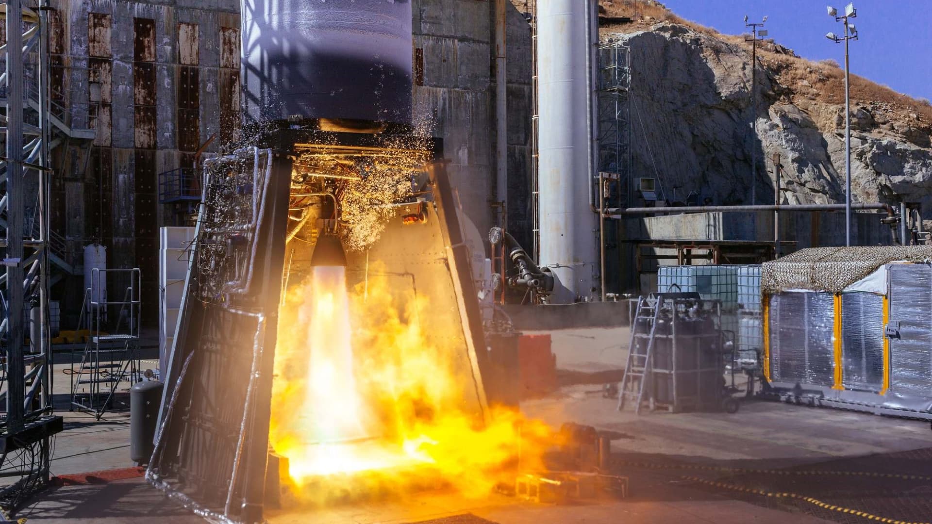 A fully-integrated RS1 second stage in test firing at Edwards Air Force Base in 2020.
