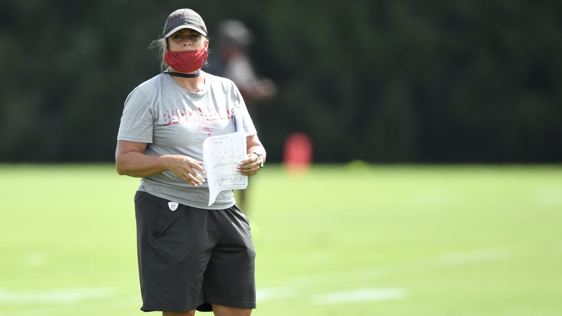 TAMPA, FLORIDA - SEPTEMBER 09: Assistant defensive line coach Lori Locust of the Tampa Bay Buccaneers looks on during training camp at AdventHealth Training Center on September 09, 2020 in Tampa, Florida.