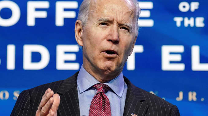 U.S. President-elect Joe Biden speaks as he announces members of economics and jobs team at his transition headquarters in Wilmington, Delaware, January 8, 2021.